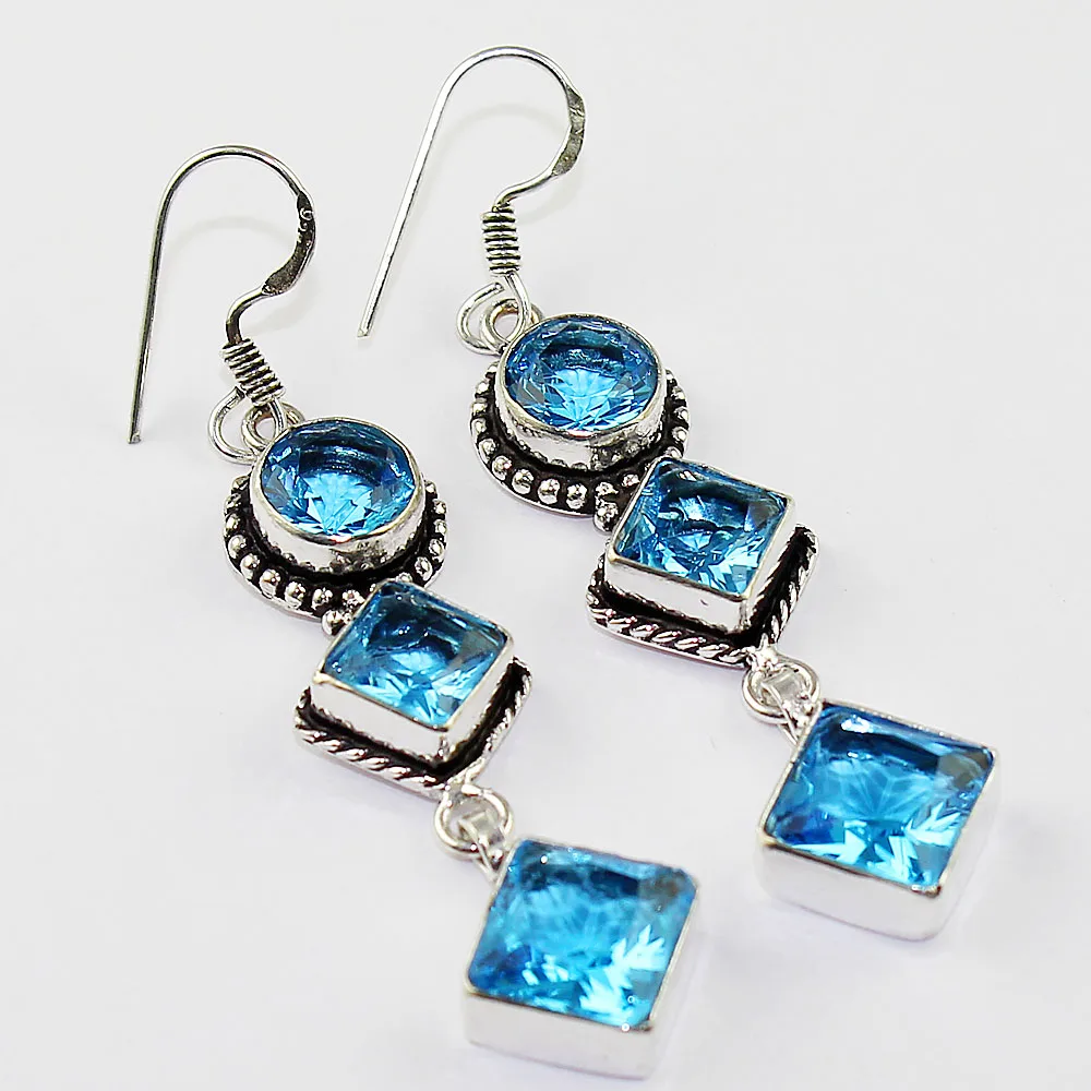 

Blue Topas Earrings Silver Overlay over Copper , 67mm, E1348