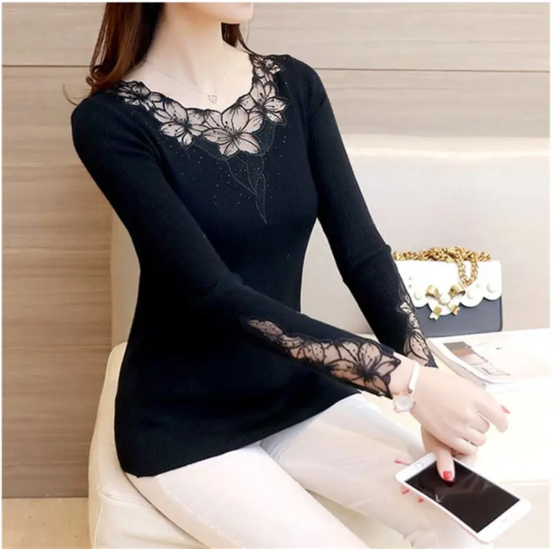 New Autumn Winter Sweaters Women Hot Sale Embroidery Lace Hollow Long Sleeve Pullovers Slim Knitted Sweater Female Tops Femme