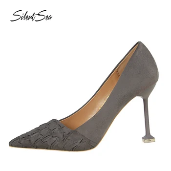 

Silentsea Flock Sexy High Heel Shoes Women Stone Pattern Female Office Pumps 9.5cm Thin Heels Stilettos Grey Color Women Shoes