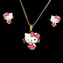 Набор из ожерелья и сережек с милым мультяшным котиком из нержавеющей стали с золотым покрытием, подарки для женщин/детей/девочек, Ювелирный Комплект