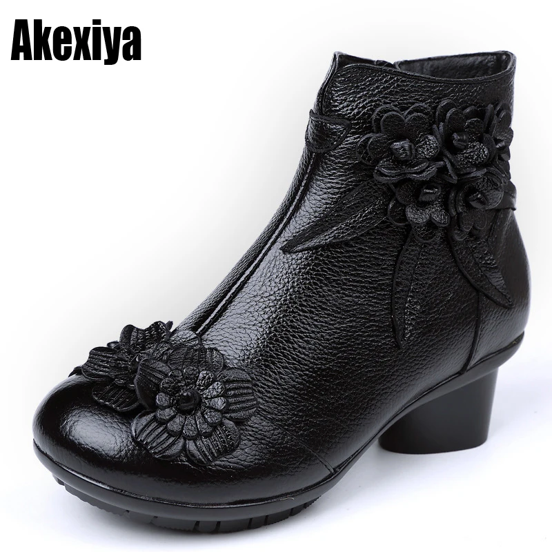 

Women's Boots Genuine Leather Shoes 2018 Fashion Winter Shoes Non-Slip Bottom Women Real Leather inside Plush Boots Gift