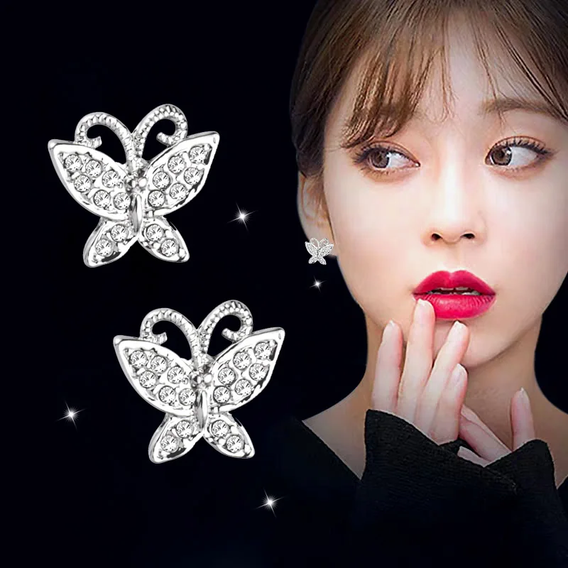 

SINLEERY Lovely Cute Rhinestone Butterfly Stud Earrings Silver Color Women Girl Fashion Wedding Party Jewelry Es200 SSC