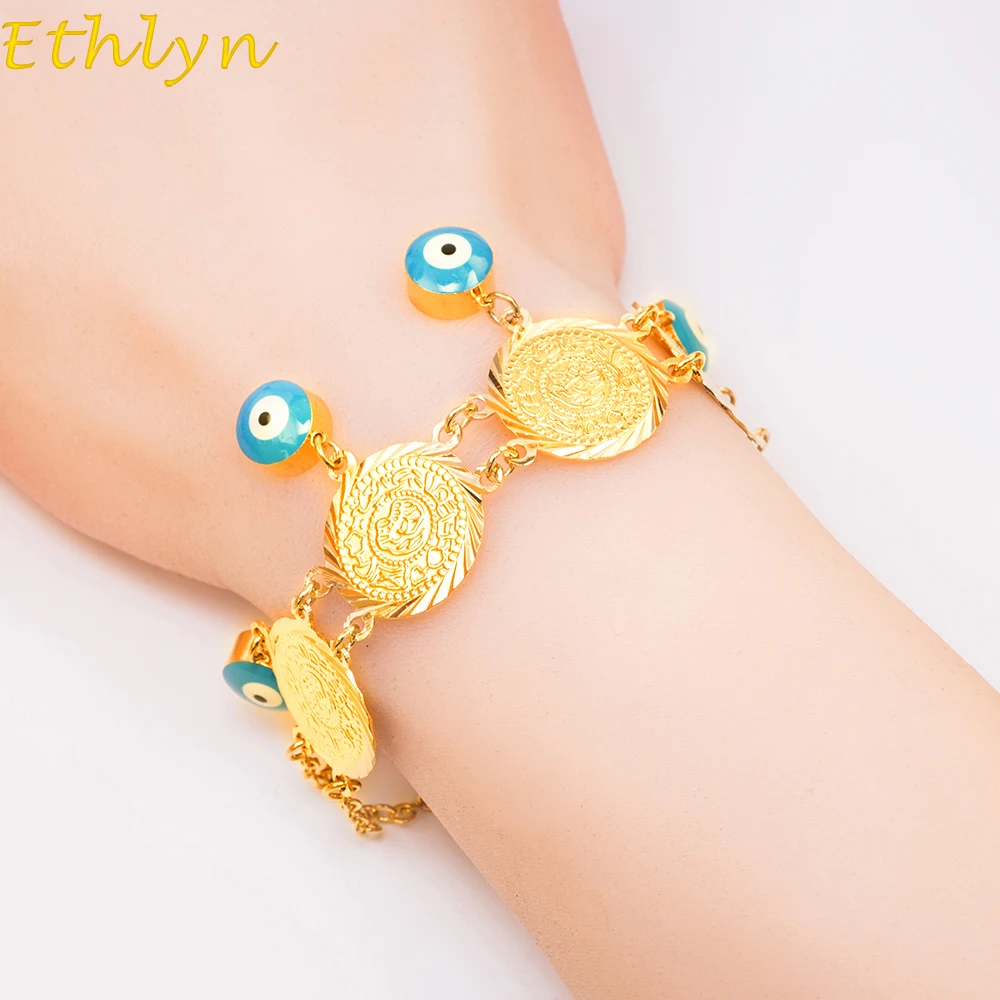 Ethlyn Evil eye coins bracelet jewelry Gold Color Islam Women Coin