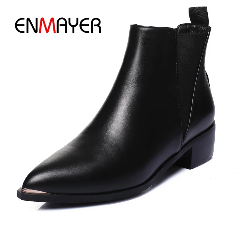 

ENMAYER Women pointed toe square heel ankle boots New fashion lady solid slip-on boots Size 34-39 ZYL786