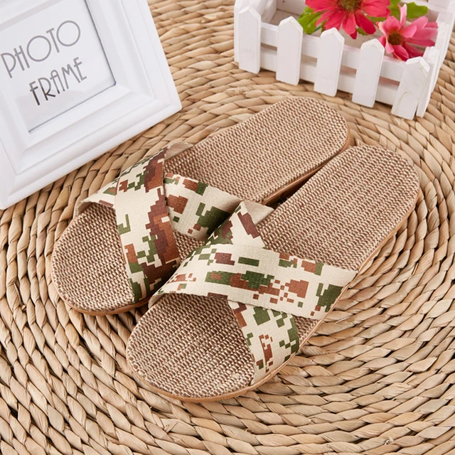 LCIZRONG Summer Camouflage Flax Indoor Slippers Women 35-45 Large Size Fashion Ladies Bedroom Slippers Non-slip Unisex Slippers