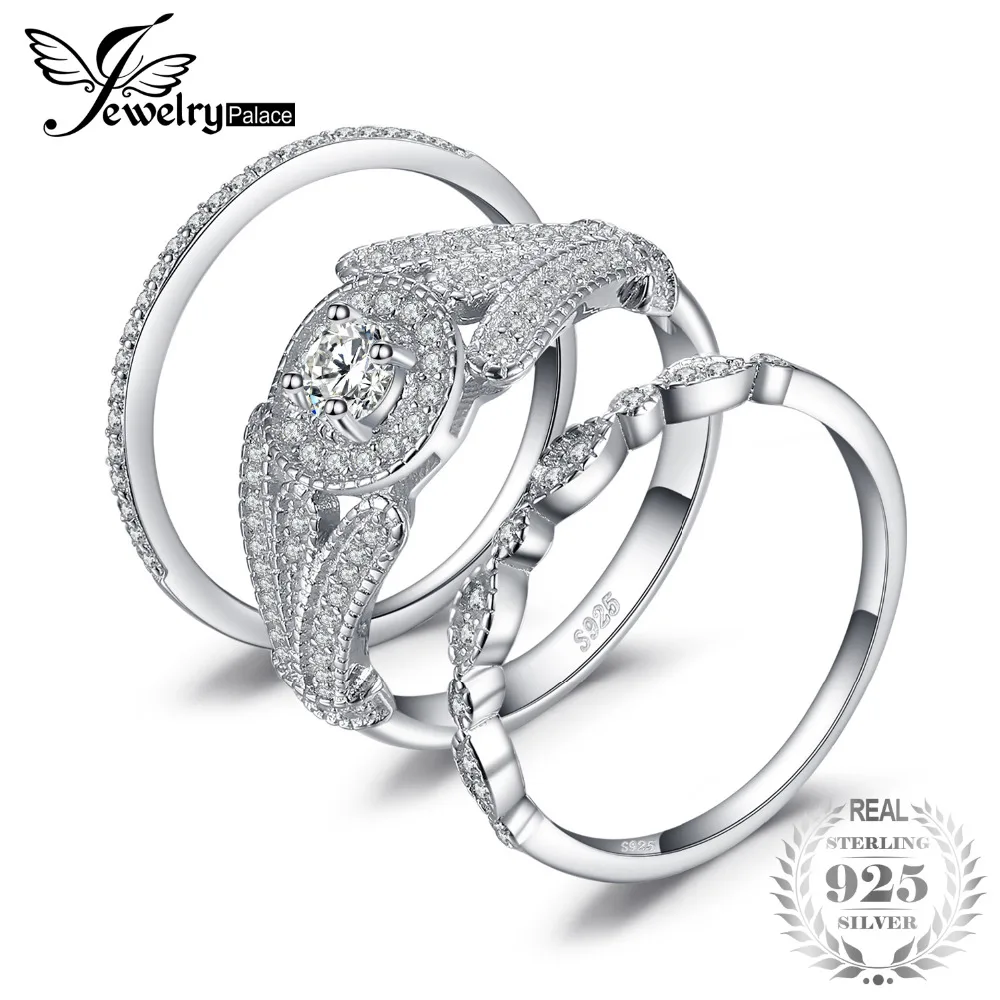 

JewelryPalace Milgrain Marquise and Dot Cubic Zirconia Halo Engagement Ring Sets 925 Sterling Silver Round Cut CZ Leaf Shank New