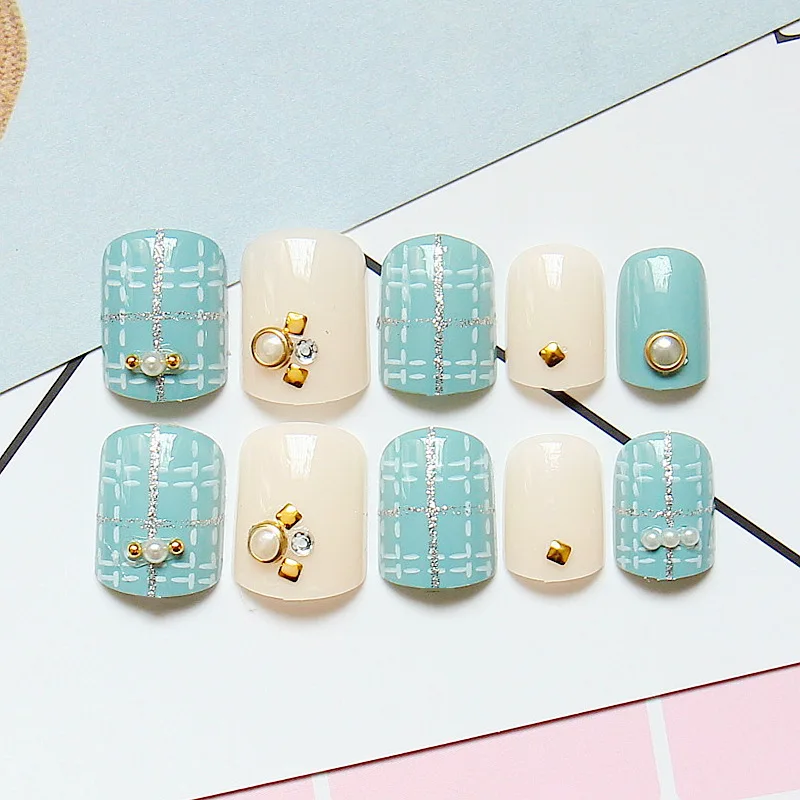 Fake font b Nails b font Light Green Natural Glitter Silver Cross Lines False font b