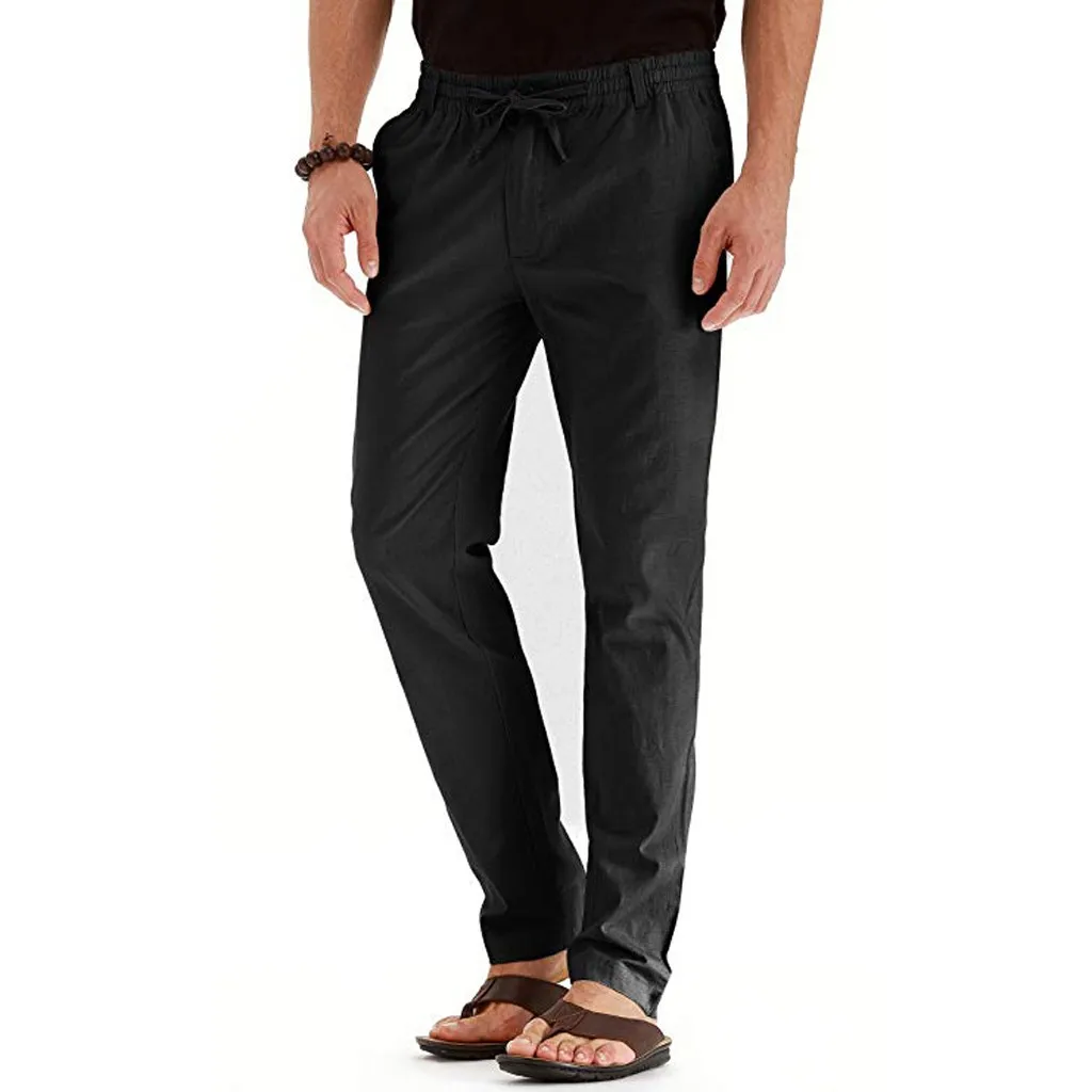 Льняные мужские брюки повседневные дышащие свободные однотонные прямые брюки Летние Осенние штаны для бега d90531