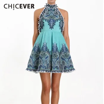 

CHICEVER Summer sexy Off Shoulder Print Patchwork Ruffles Women Dress Halter Sleeveless High Waist Sheath Pleated A-line Dresess