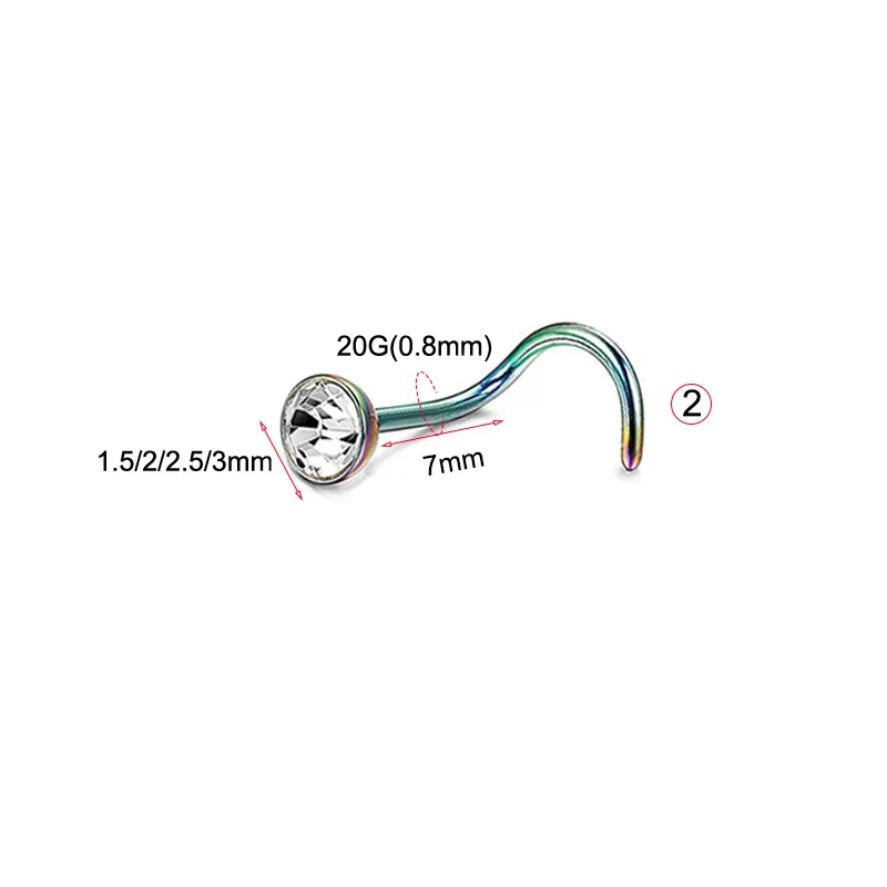 2шт 20 г сталь CZ драгоценный камень Пронзительный нос винт изогнутый зубец Нос Кольца шпильки ювелирные изделия для тела Нос Кольца нариз серьги ноздри пирсинг - Окраска металла: NO2 0.8X7X2