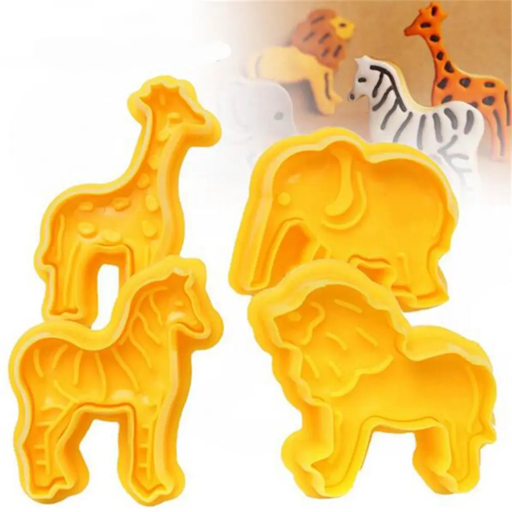 

4 pcs/set Cartoon Animals Plastic Cookie Cutters Elephant Giraffe Lion Zebra Cake Plunger Tools Pastry fondant Biscuit Mold