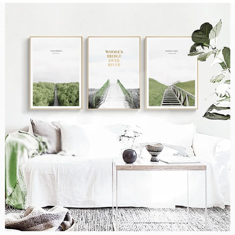 Modern Nordic Peaceful Landscape Light Green Grassland Golden Letters Artistic Canvas Posters Picture for Bedrome Decoration | Дом и сад