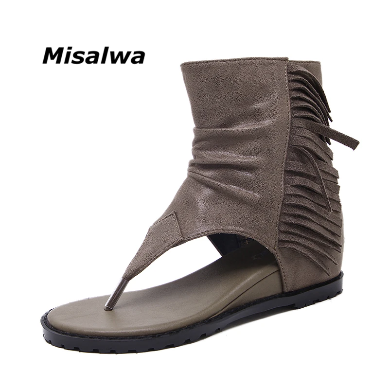 

Misalwa 2019 New Woman Summer Sandals Rome Style Fringe Wedges Flip-Flops Zipper Solid Flats Sandals For Ladies Free Shipping