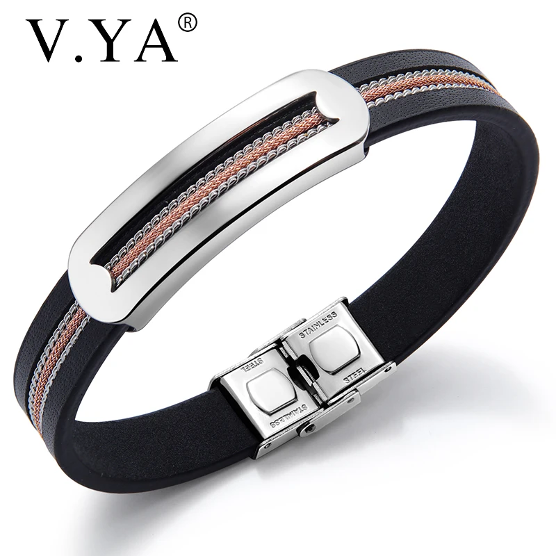 

V.YA New Style Colorful Leather Male Bracelet Stainless Steel PU Leather Gold Bracelet Vintage Silver Bangle For Men Jewelry