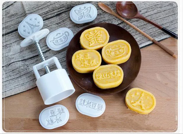 

50g 3D Oval mung bean cake Mooncake Mold 1 Barrel+6 Stamps Set Hand Pressure Fondant Moon Cake Mould DIY Baking Accessories