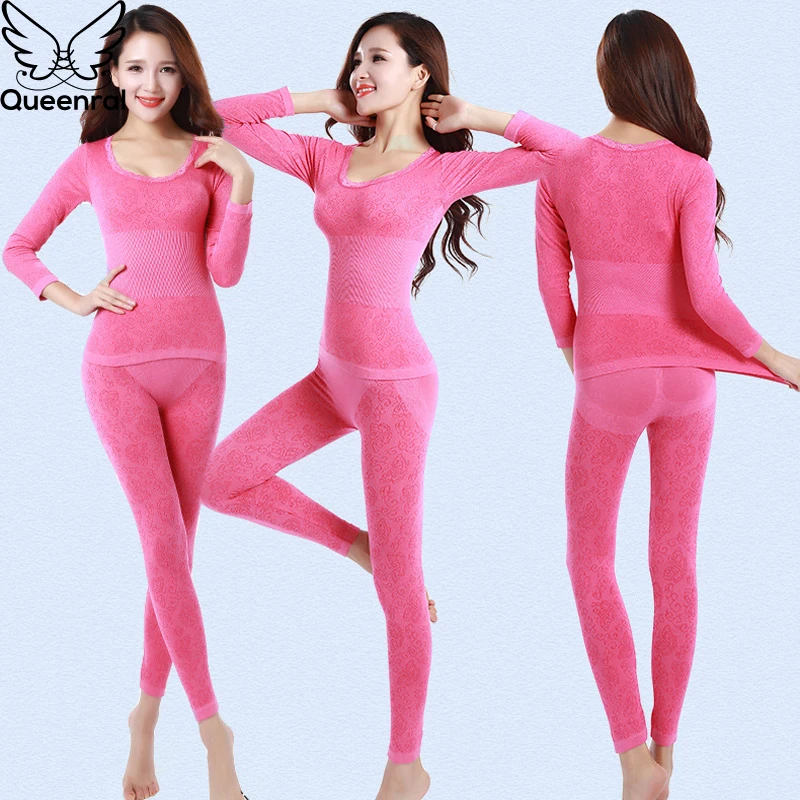 Queenral Sexy Warm Thermal Underwear Women Winter Thermal Underwear Seamless Long Johns Breathable Ladies Slim Underwears Sets