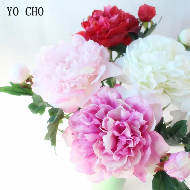 Yo Cho 2 Heads Peonies Artificial Flowers Silk Bouquet Yo Cho 2 Heads Peonies Artificial Flowers Silk Bouquet Fake Home Decor White