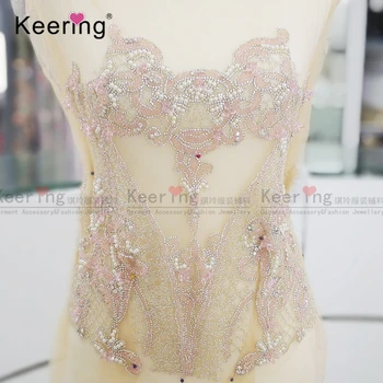 

beaded fabric one set pink beads handmade decorative dress patch for women WDP-021