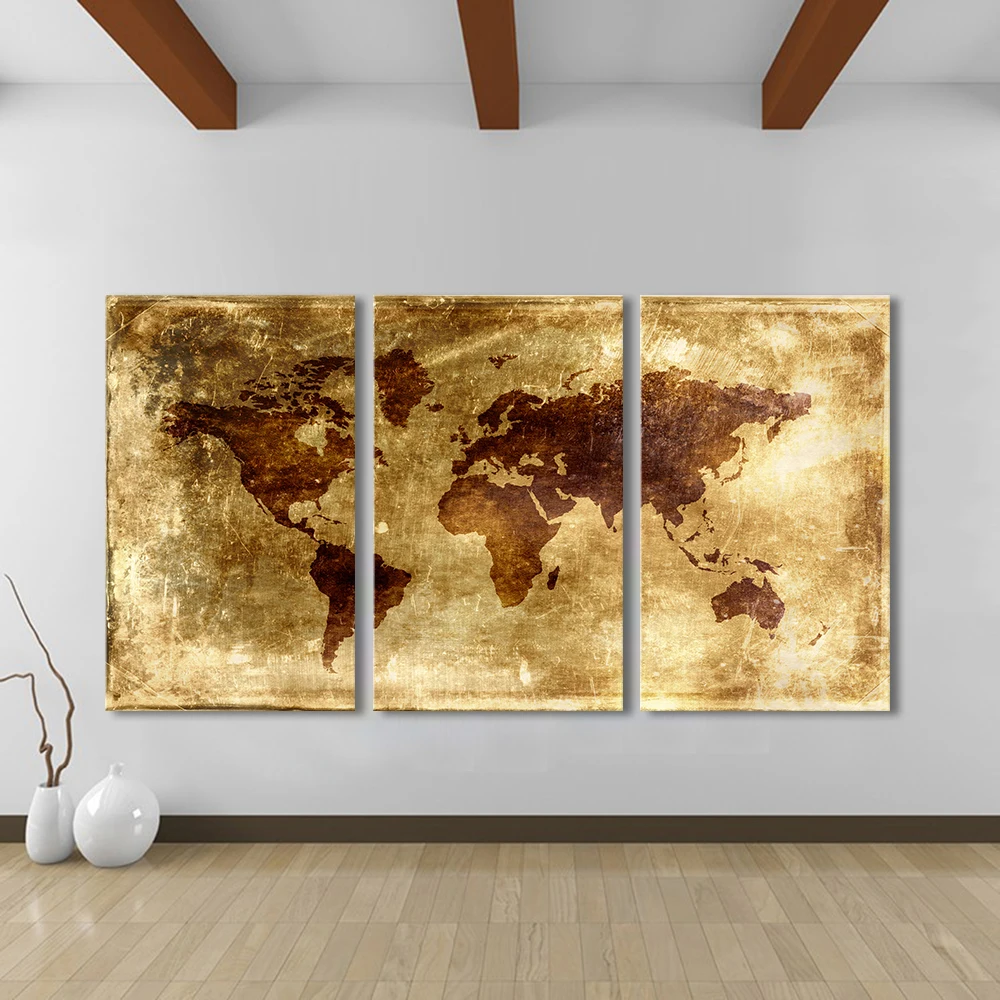HDARTISAN 3 шт. карта мира картины современного искусства живопись старый стиль настенные картины для гостиной принты для домашнего декора бескаркасные