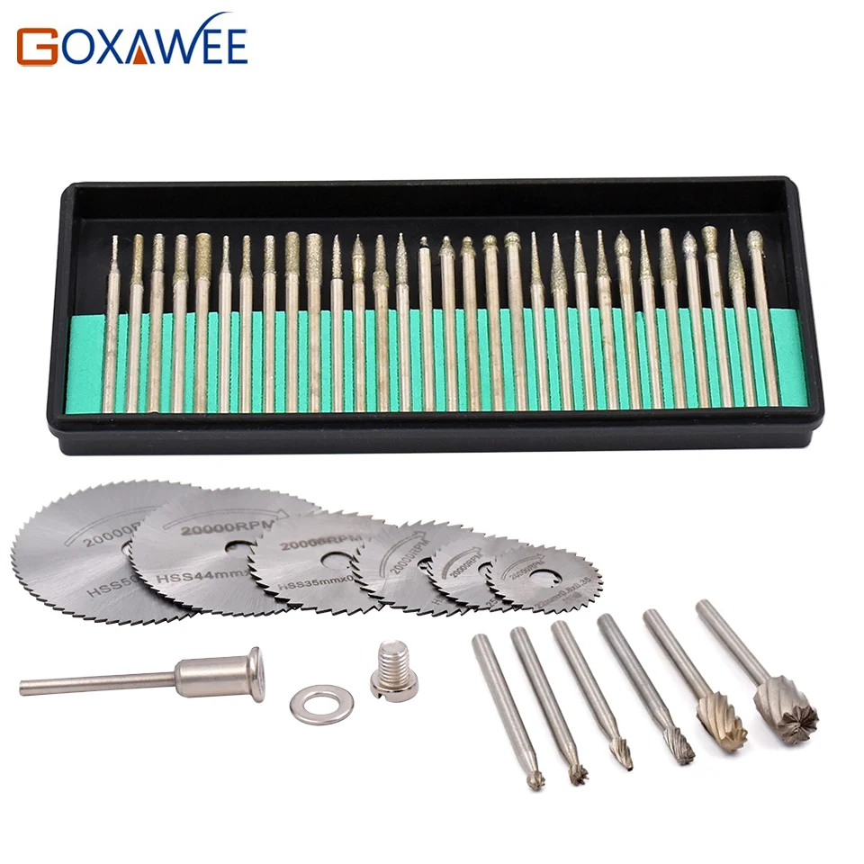 

GOXAWEE 43pcs Rotary Tools Diamond Burr Bit HSS Saw Blades Rotary HSS Rotary Burs Drill Bits For Dremel Accessories Mini Drill