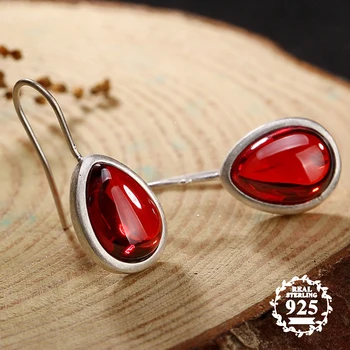 

S925 Fine Jewelry Ruby Drop Earrings Teardrop Waterdrop Handmade Vintage Natural Carnelian Retro Ruby red jasper