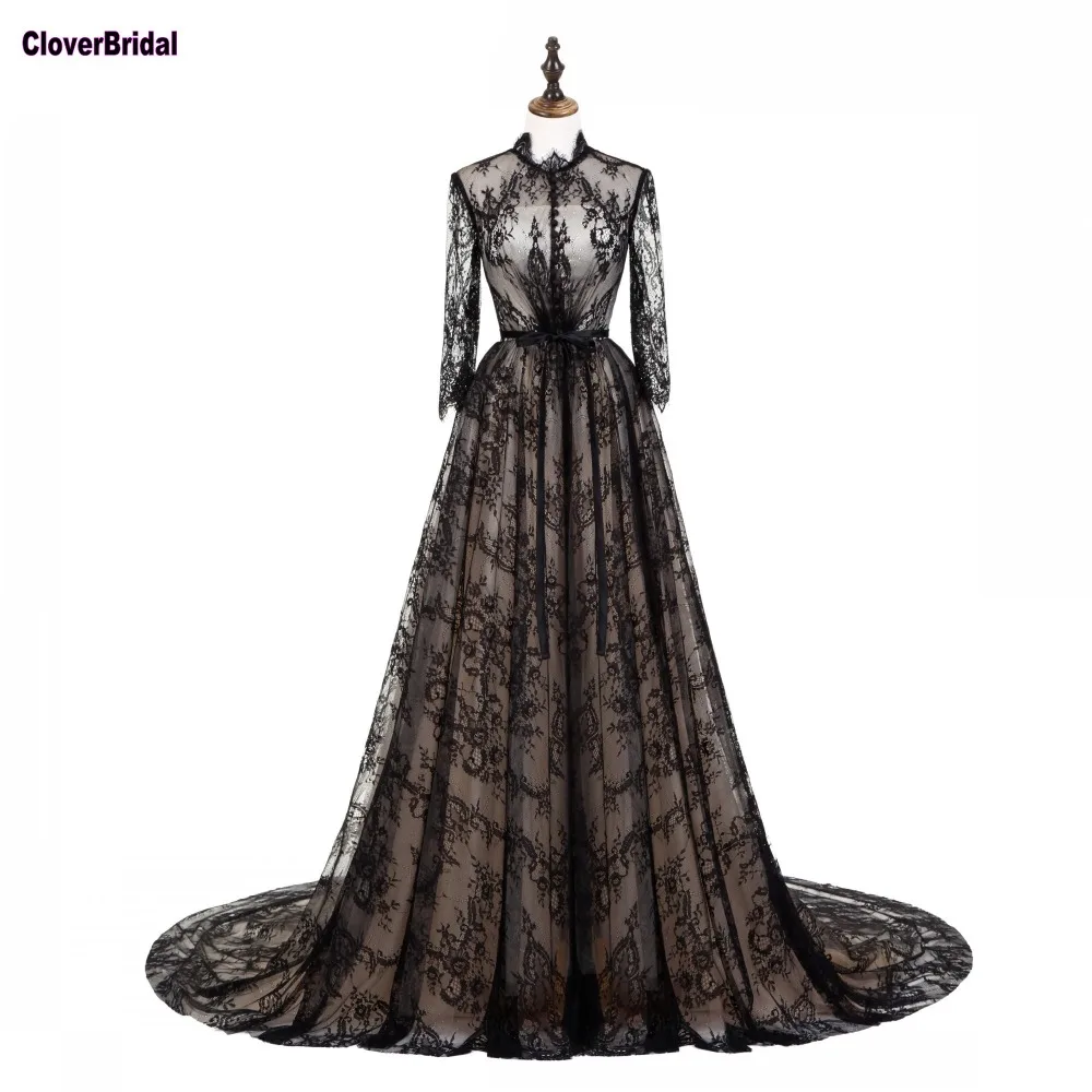 CloverBridal Дешевое винтажное элегантное 1970's тонкое черное кружевное платье