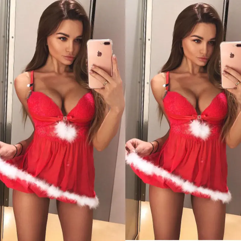 

Sexy Women Christmas Lace V-Neck Sleepwear Mini Dress Red Suit