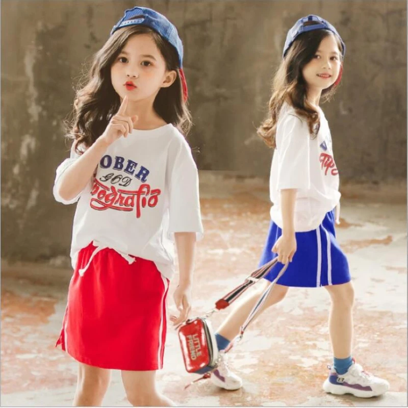 

2pcs 2019 casual children's suit girls summer new short-sleeved T-shirt + dresses