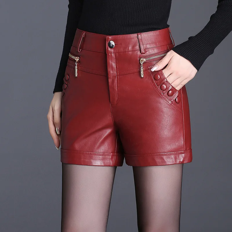 Зимние женские шорты тонкие кожаные шорты черный, красный Шорты с высокой талией Для женщин из PU искусственной кожи на молнии на узкие