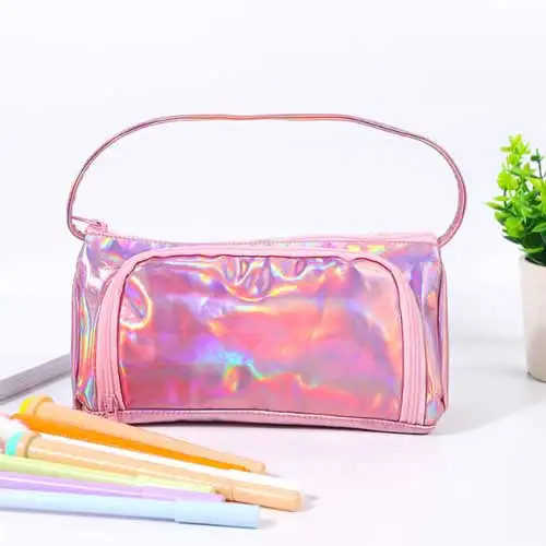 Iridescent Laser School Big Pencil Case for Girls Cute Large Pen Bag pencil box stationery pouch Multifunction school supplies - Цвет: Розовый