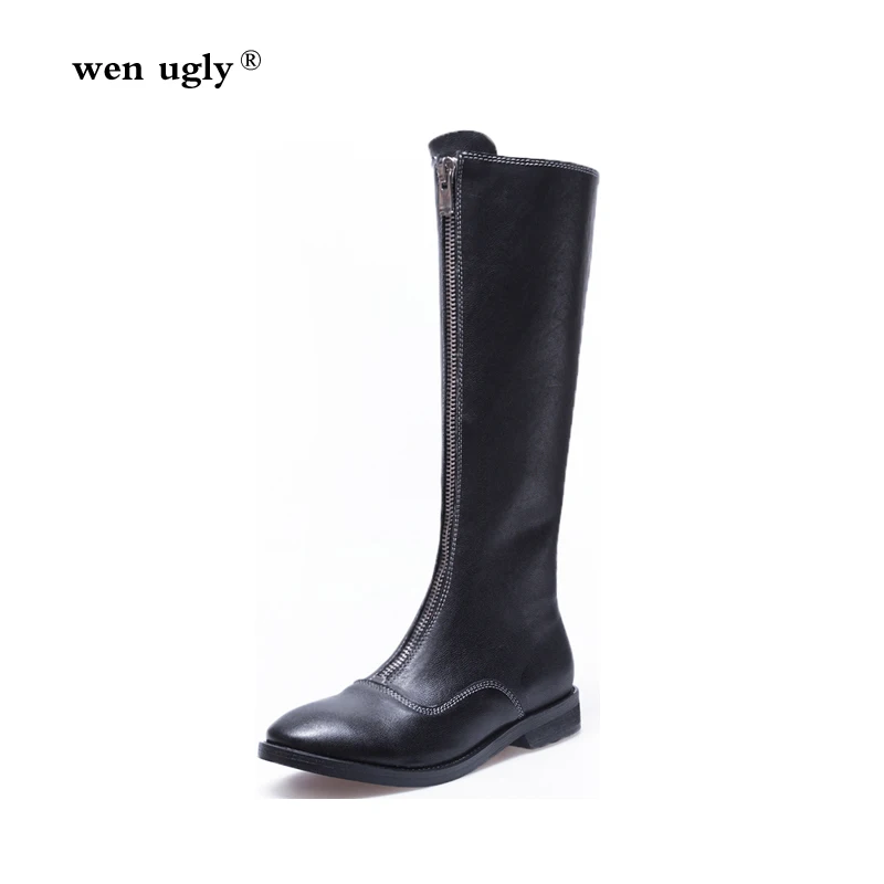 

wen ugly Fashion women's shoes leather metal zipper calf boots women's winter boots 2019 new flat high boots large size 35-40