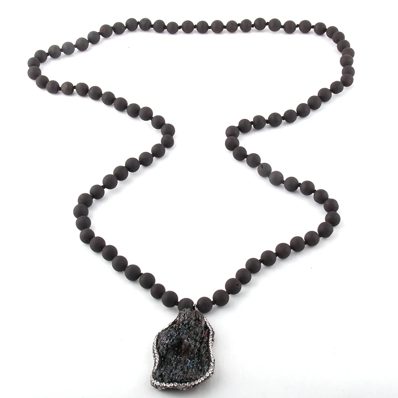 

Fashion Bohemian Jewelry Long Knotted Natural Irregular Druzy Bead & Handmake Paved Stone Necklaces For Women Necklace