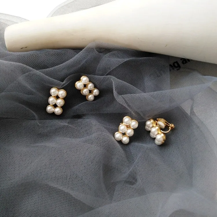 

2019 Double Row Pearl Metal Korean Gold Earrings Round Women Simple Retro Earrings Korea Bijoux Femme