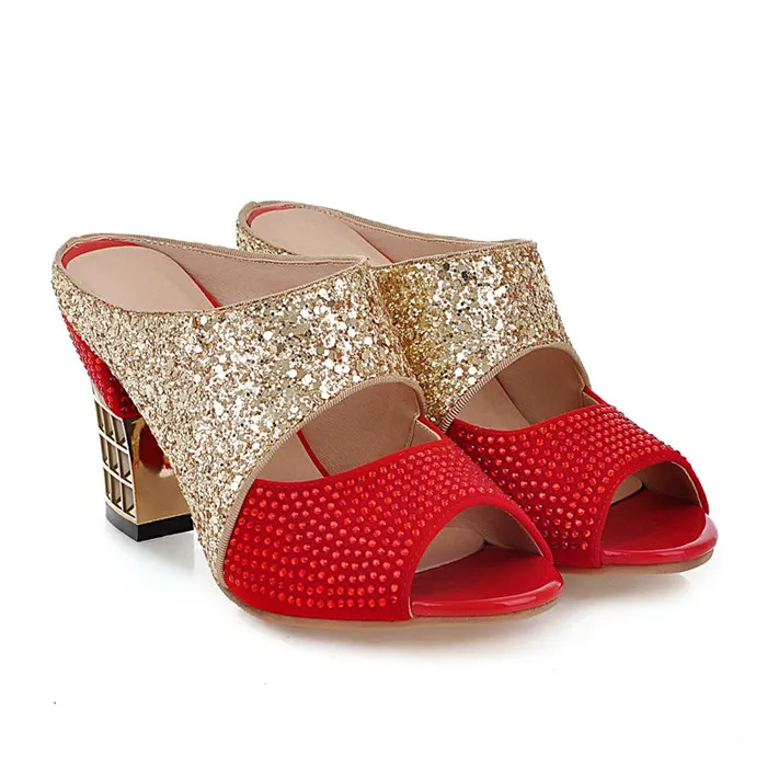 Meotina/Женская обувь; летние шлепанцы; блестящие туфли на высоком каблуке-шпильке; пикантные женские Босоножки с открытым носком и кристаллами; Цвет Красный; большие размеры 34-43 - Цвет: Красный
