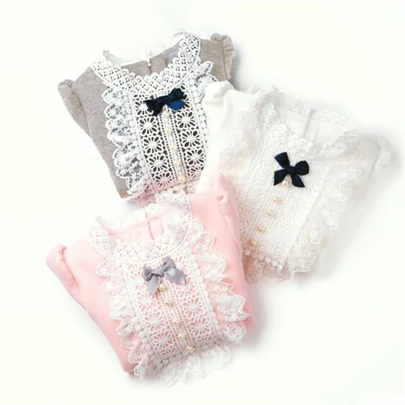

Baby Girl Long Sleeve Winter Warm Girls Princess Lace T Shirt Baby Girls Pearl Bow Blouse Infant Clothing Girls Tops Tees Autumn