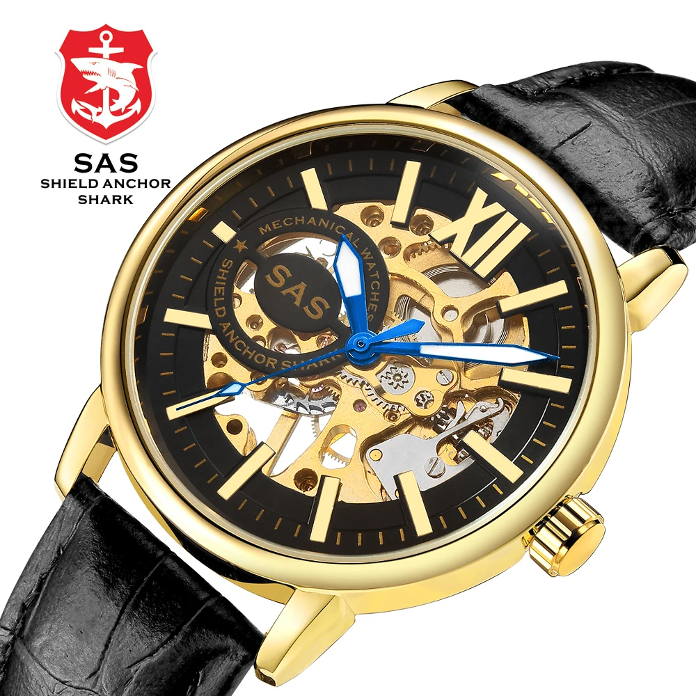 

Brand Men Hand-winding Mechanical Wristwatches Genuine Leather Luminous Hands Watches Roman Numerals Vintage Watch SHARK-#816