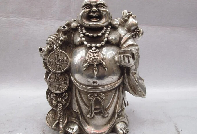 

Collectible bronze lion statue S0614 Chinese Folk White Copper Bronze Silver Lucky Wealth Coin Maitreya Rohan Statue B0403