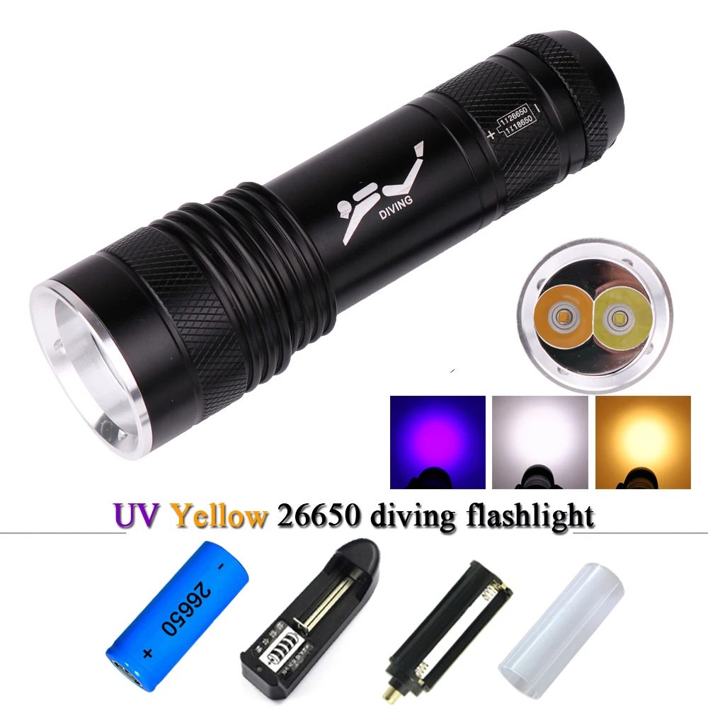 

diving flashlight Underwater uv purple light scuba flashlights waterproof torch lanterna xml t6 26650 or 18650 or AAA battery