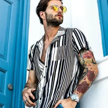 

Hot Men Hawaiian Shirt Floral Beach Striped Slim Party Summer Holiday Fancy Top Male Male Short Sleeve Summer Casual Tee