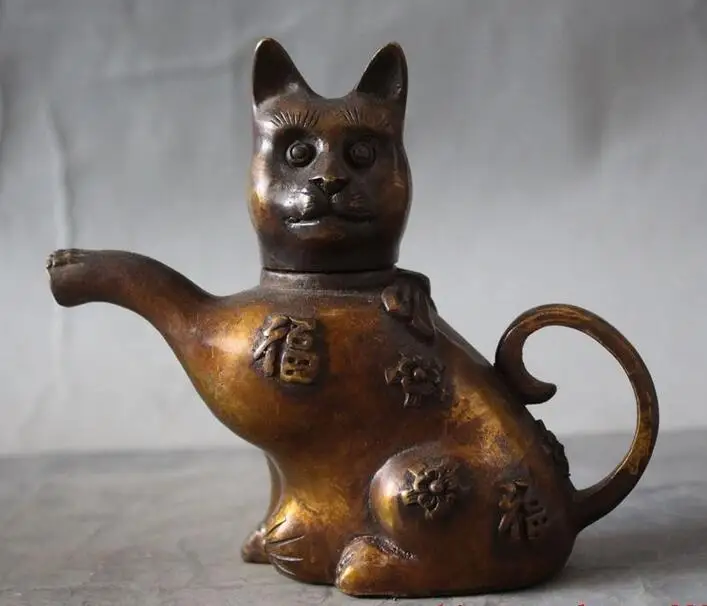 old chinese fengshui bronze Lucky Cat Pussy statue Wine Tea Pot Flagon