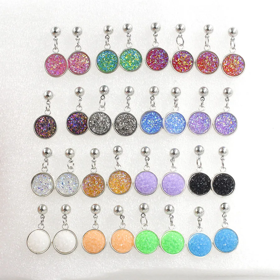 

Fnixtar Drusy Dangle Earrings Resin Stone Personality Handmade Silver Color Fashion Jewelry for Women 1-24 Color 3pair/lot