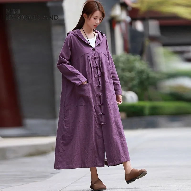

NINI WONEDER Autumn Hooded Trench Coat Women Casual Long Outerwear 2019 Spring Cotton Solid Loose Coats Female Big Size Clothes