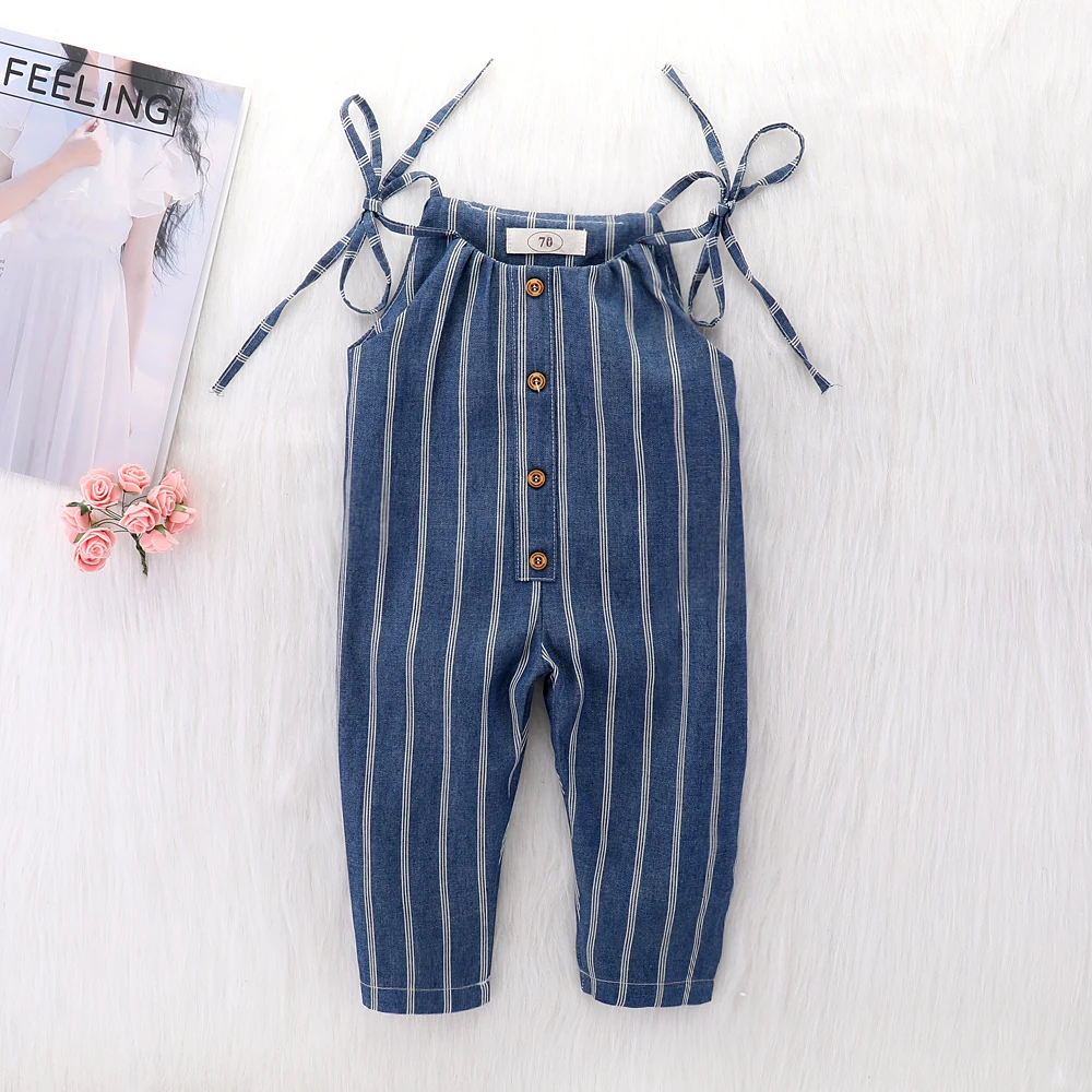 Baby Rompers Clothes Summer Strap White Stripes Print Toddler Girl Jumpsuits Navy Blue Infant Kids Sleeveless Overalls 1-4T