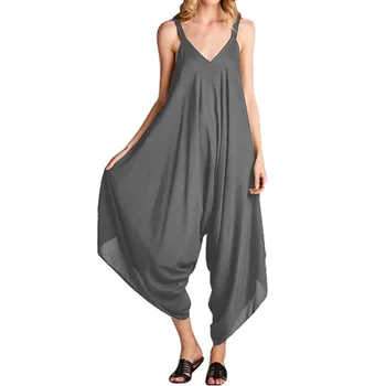 

KLV 2019 Summer Womens latest fashion Solid Long Rompers Sexy Strappy V Neck Casual Loose Playsuit Jumpsuit free shipping D4
