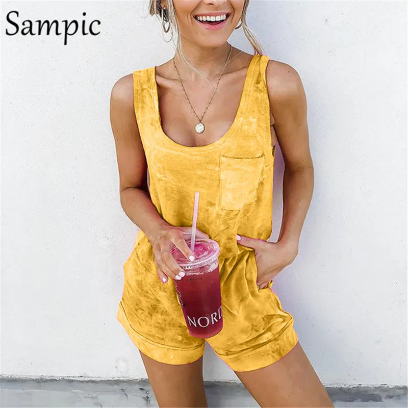 

Sampic Sleeveless Casual Playsuit Pocket Lace Up Loose Playsuits Overalls Red Yellow Romper Women Summer Playsuit 2019