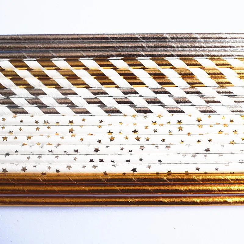 

Выберите стили 1000 шт Смешанные бумажные соломинки, металлические золотые серебряные фольги простые полосы звезда бумага Питьевая солома, Свадебная вечеринка Рождество