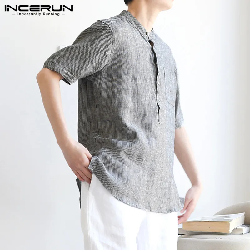 INCERUN/рубашка с коротким рукавом и стоячим воротником, 2019 Мужская Однотонная рубашка в Японскую полоску, повседневная, свободная, хлопковая