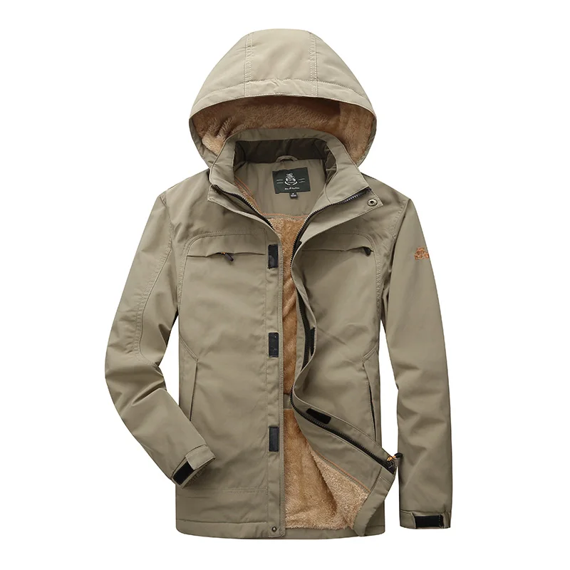 MANLI, мужские Зимние флисовые уличные водонепроницаемые куртки, походные куртки, теплые мужские пальто с капюшоном, Мужская армейская куртка, Размер 4xl - Цвет: Хаки