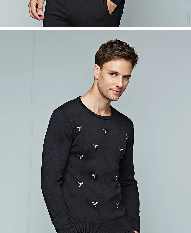 Черный шерстяной вязаный свитер с круглым вырезом для мужчин, Зимний деловой пуловер, Повседневная брендовая одежда, пуловеры с длинными рукавами, мужские свитера