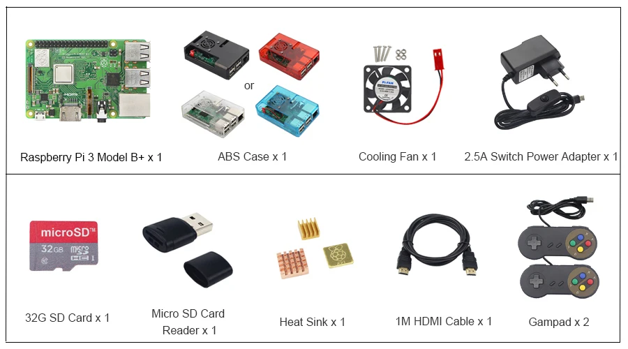 Raspberry Pi 3 Model B+ плюс игровой стартовый комплект+ sd-карта 16G 32G+ геймпад+ чехол+ вентилятор+ мощность+ радиатор+ кабель HDMI для RetroPie